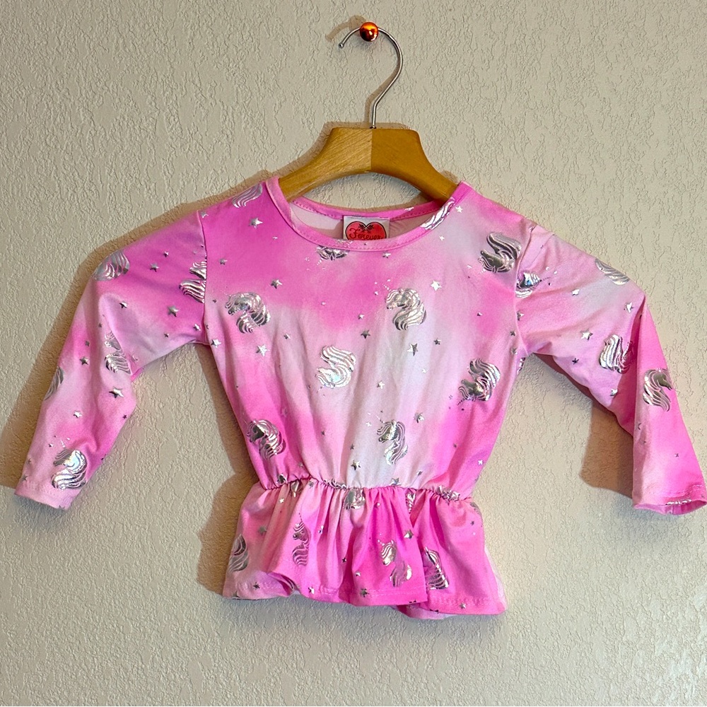 Pink and White Unicorn Long-Sleeve Peplum Top Forever Girl Girls 4T